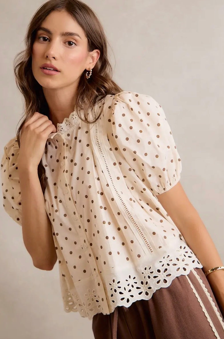 POLK-A-DOT KNIT LACE TRIM ON NECKLINE SHORT TOP