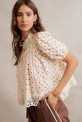 POLK-A-DOT KNIT LACE TRIM ON NECKLINE SHORT TOP
