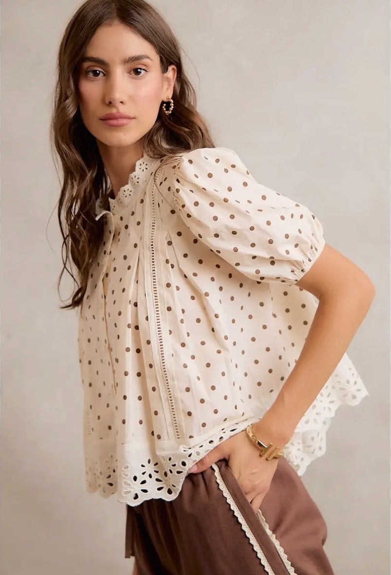 POLK-A-DOT KNIT LACE TRIM ON NECKLINE SHORT TOP