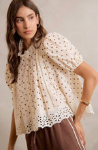 POLK-A-DOT KNIT LACE TRIM ON NECKLINE SHORT TOP