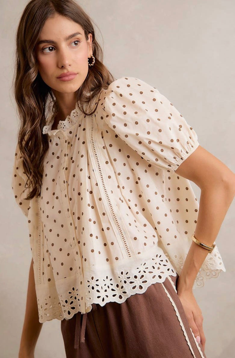 POLK-A-DOT KNIT LACE TRIM ON NECKLINE SHORT TOP