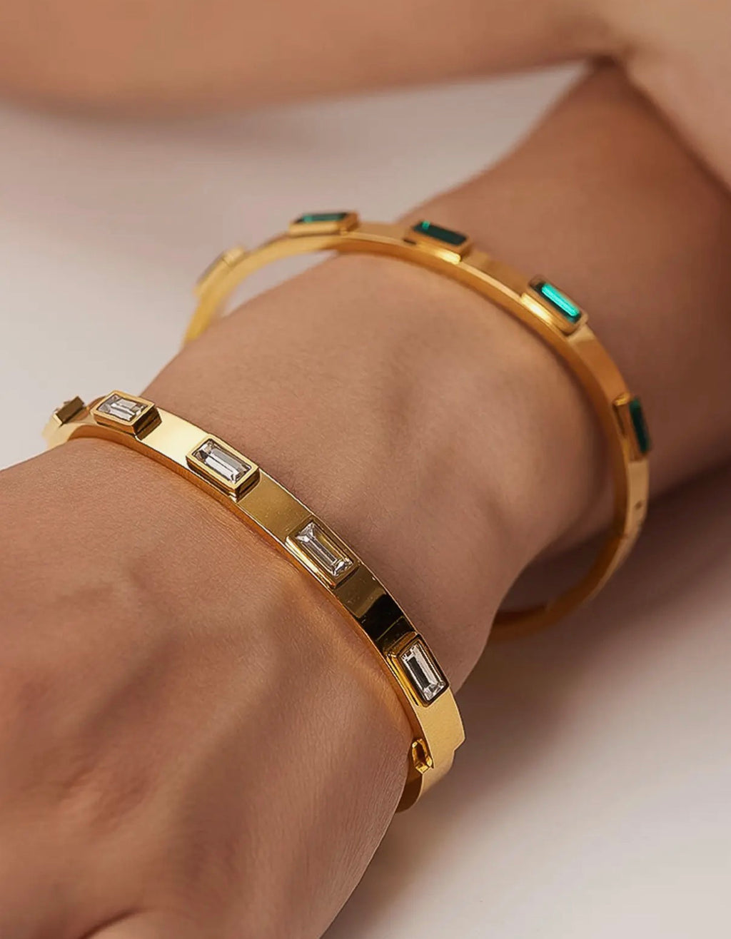 Tanith Gold Non-Tarnish Baguette CZ bangle Bracelet- Green