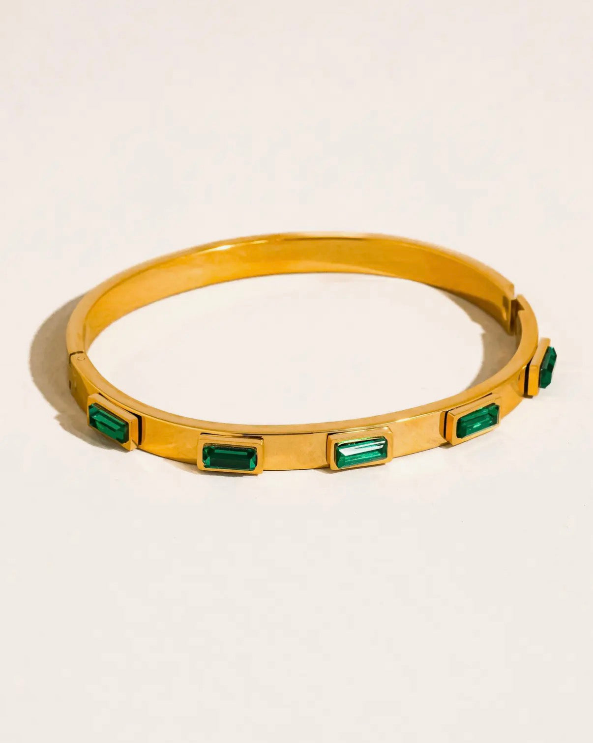Tanith Gold Non-Tarnish Baguette CZ bangle Bracelet- Green