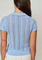 Blue Open Knit Button Top