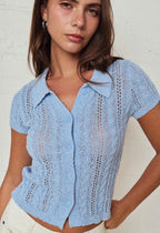 Blue Open Knit Button Top