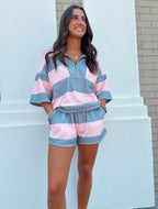 Vintage Striped Top with Front Zip Shorts Set
