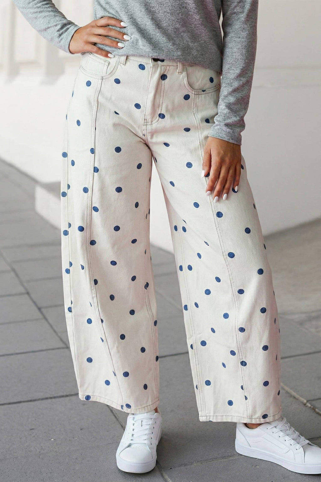 Polka Dot Print Seam Detail Barrel Jeans