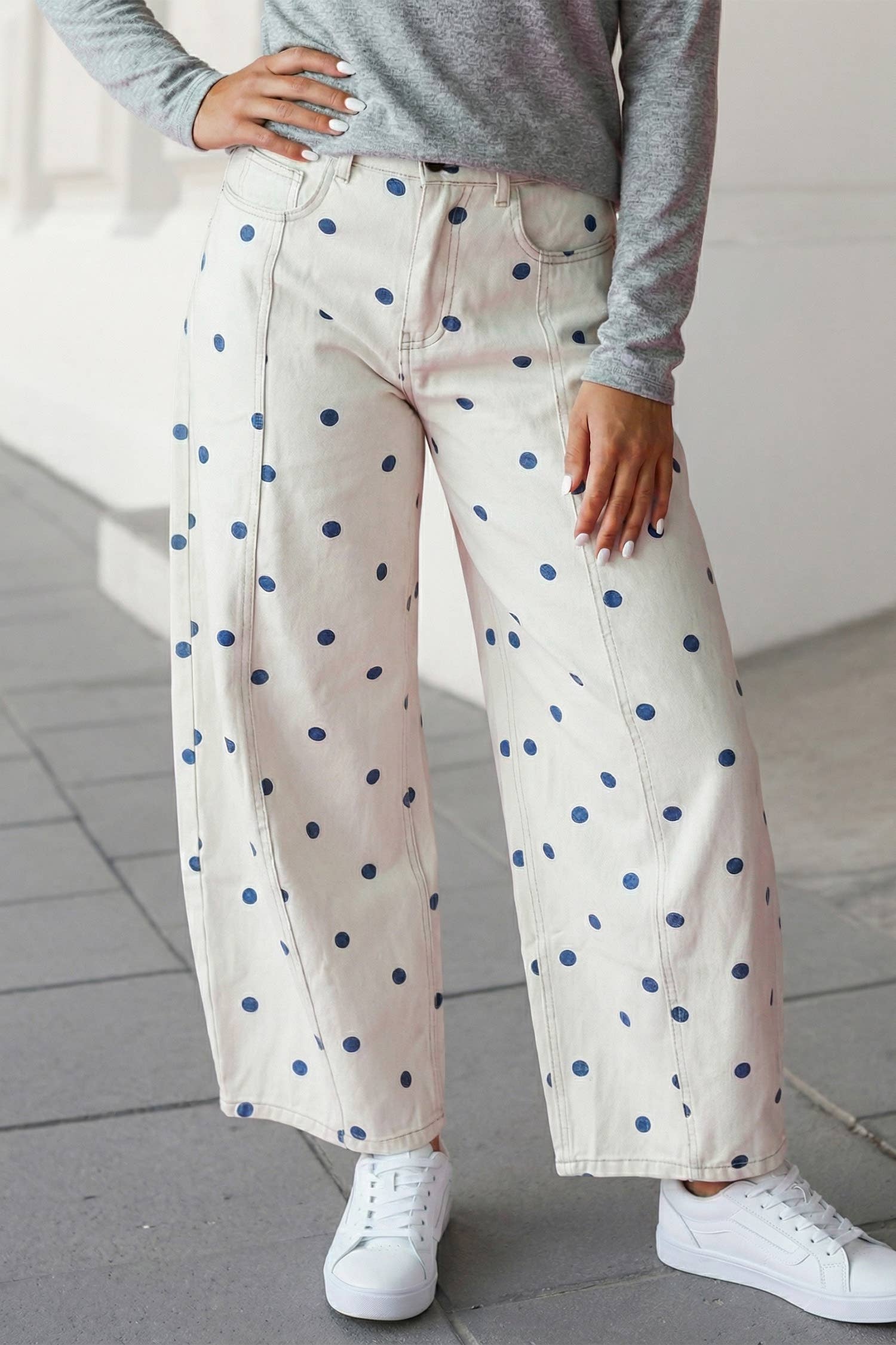 Polka Dot Print Seam Detail Barrel Jeans