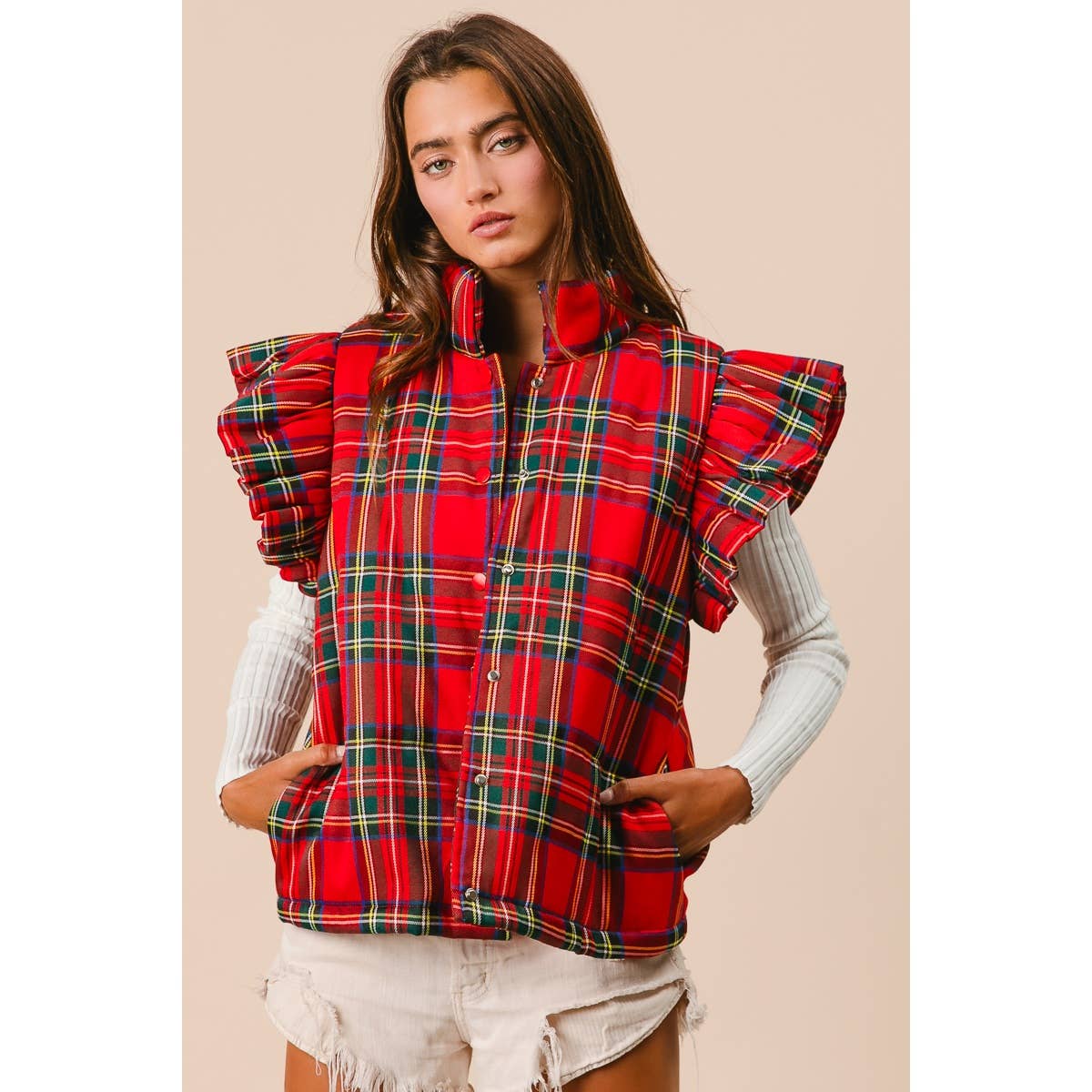 CHRISTMAS PLAID RUFFLED PUFFER VEST