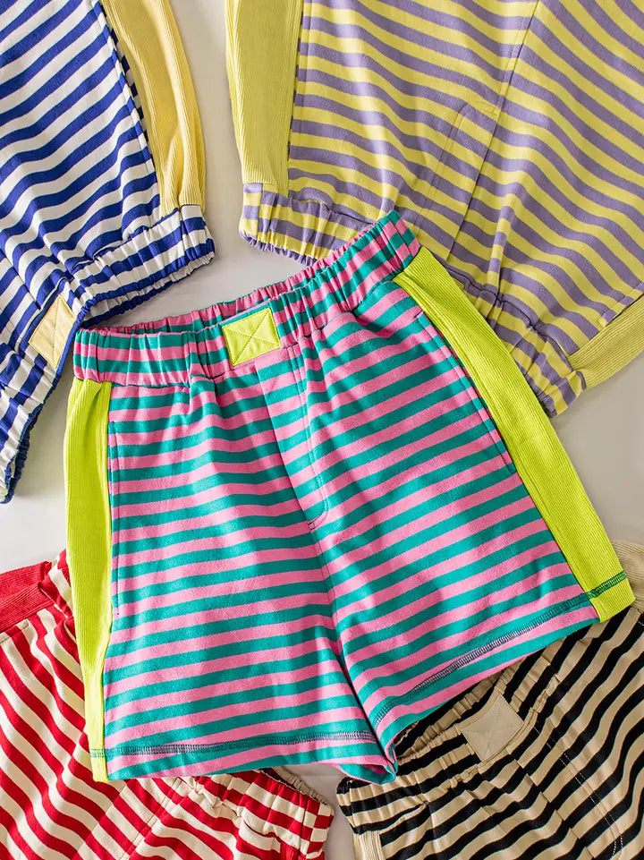 Striped color black shorts: Blue Pink Teal Seafoam