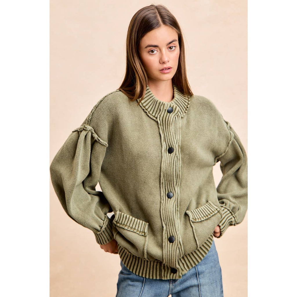 WASHED RIB BANDED COTTON SWEATER KNT CARDIGAN TOP