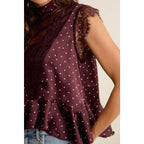 POLKA DOT SATIN LACE TRIM RUFFLED HIGH NECK BLOUSE TOP