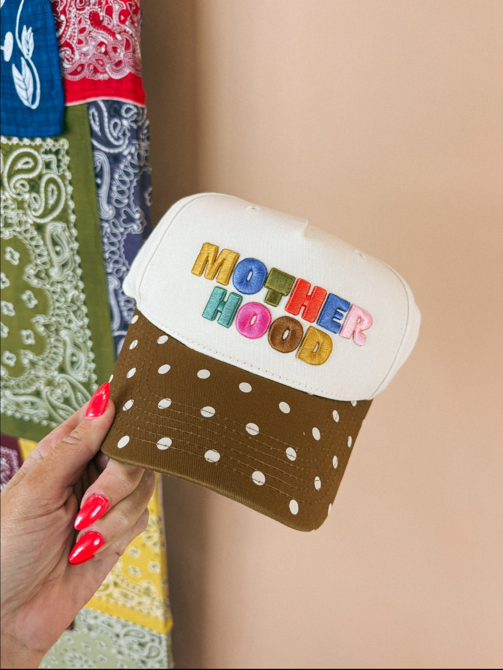 Motherhood block trucker hat - brown / polka dot