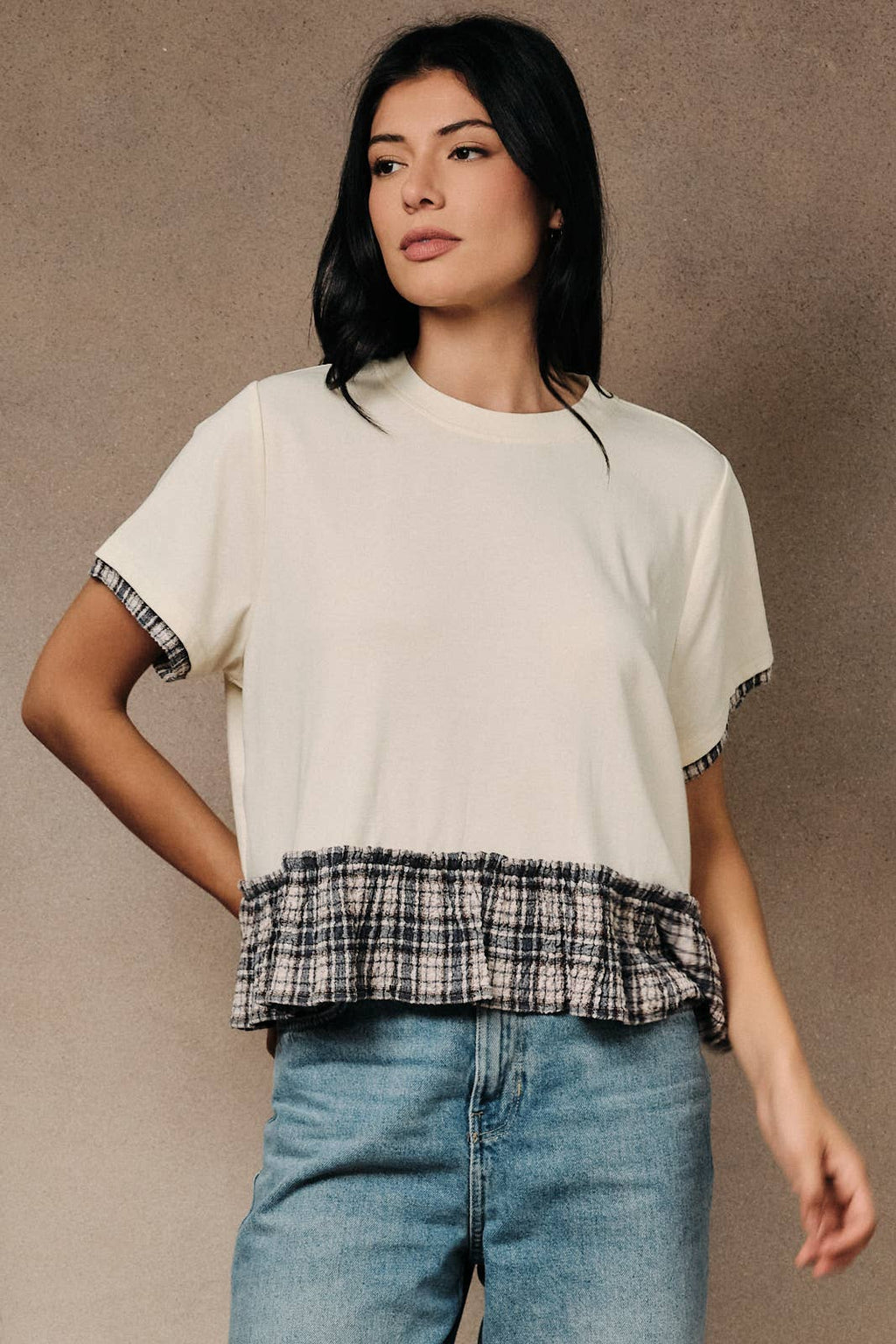CREW NECK CONTRAST PEPLUM BOXY TOP
