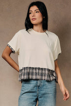 CREW NECK CONTRAST PEPLUM BOXY TOP
