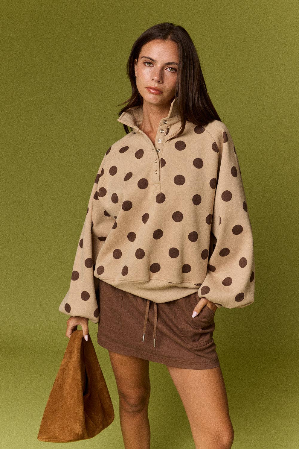 Collar Half-Snap Button  Polka Dot Sweatshirt