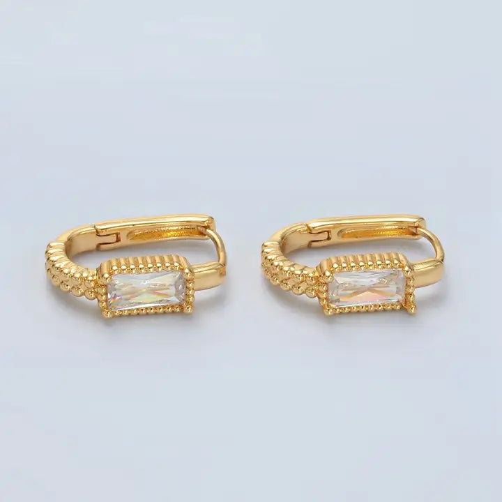 24K Gold Filled 18mm Baguette Cz Dotted Oblong Huggie Earrings