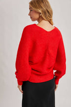 WRAP CROSSOVER RIBBED FUZZY KNIT SWEATER PULLOVER
