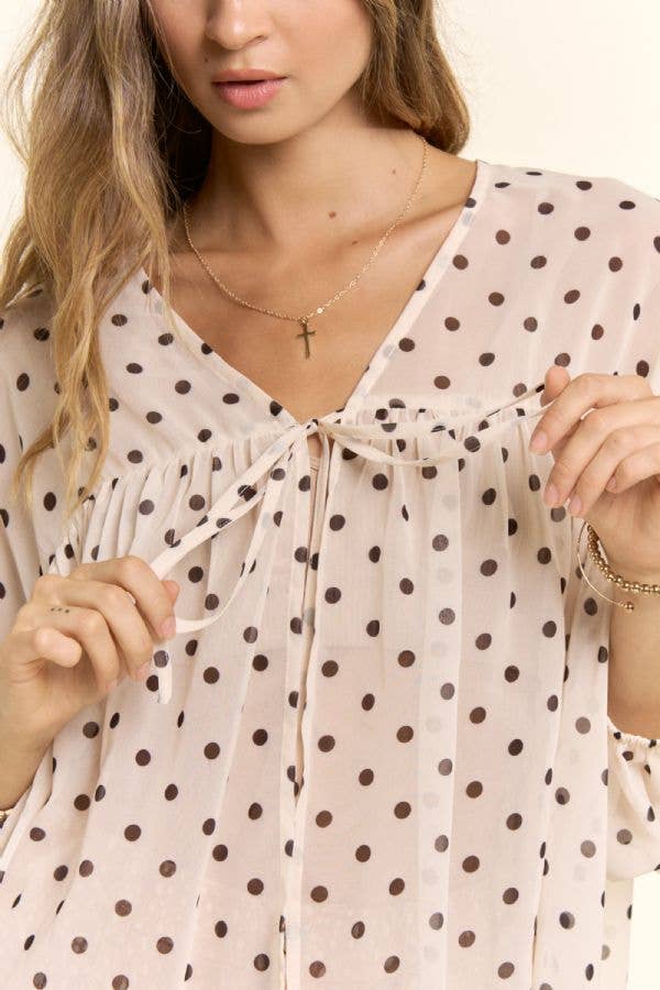 Sheer Polka Dot Tie Front Babydoll Blouse