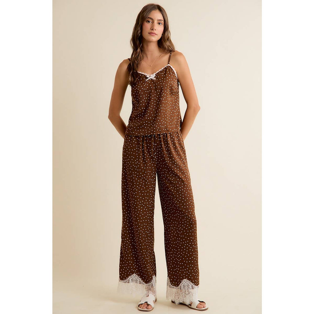 SATIN POLKA DOT WIDE LEG PANTS WITH LACE