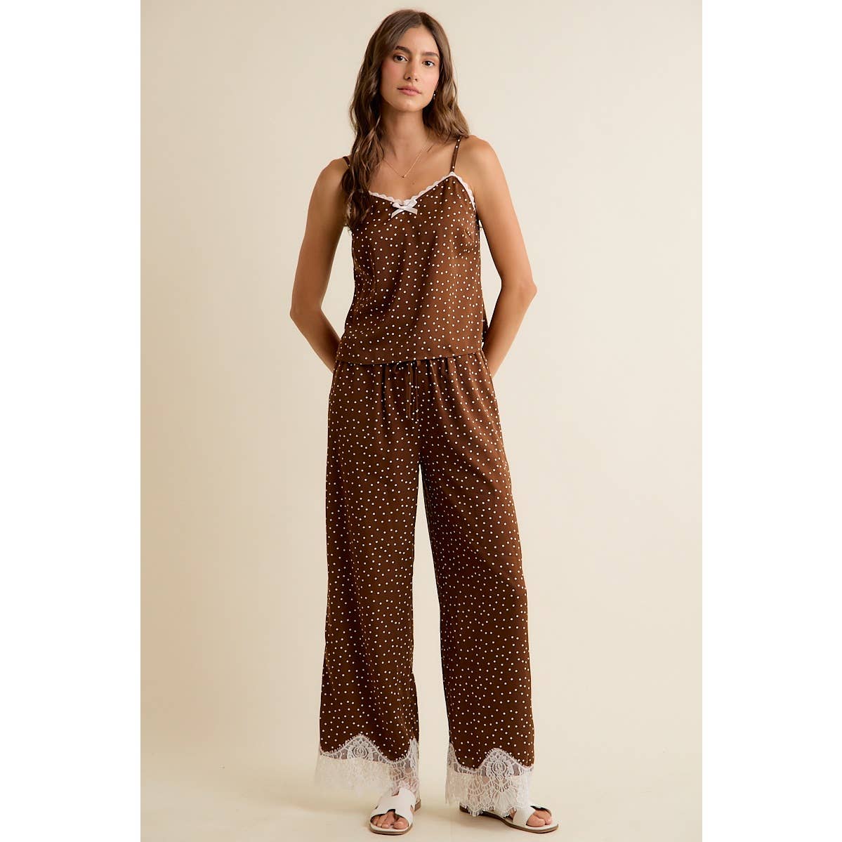 SATIN POLKA DOT WIDE LEG PANTS WITH LACE