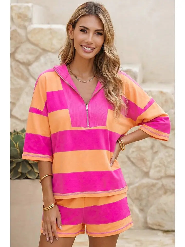 Half Zip Oversize Tee Casual Shorts 2pcs Set: Pink and Orange