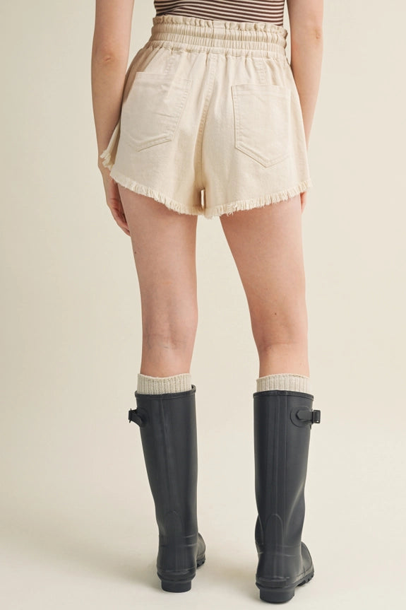 Frayed Hem Paperbag Waist Rope Shorts: Off white