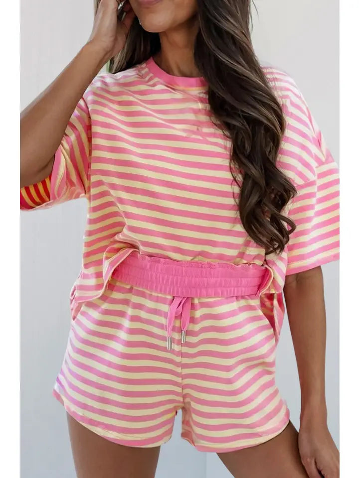 Stripe Print Contrast Trim Shorts Set