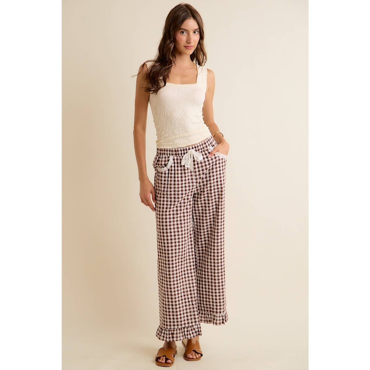 GINGHAM LACE RUFFLED PANTS