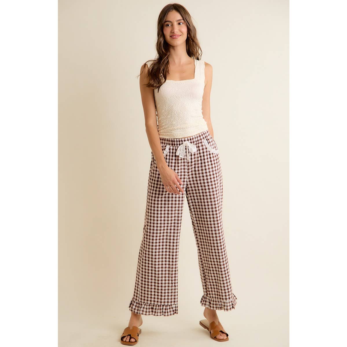 GINGHAM LACE RUFFLED PANTS