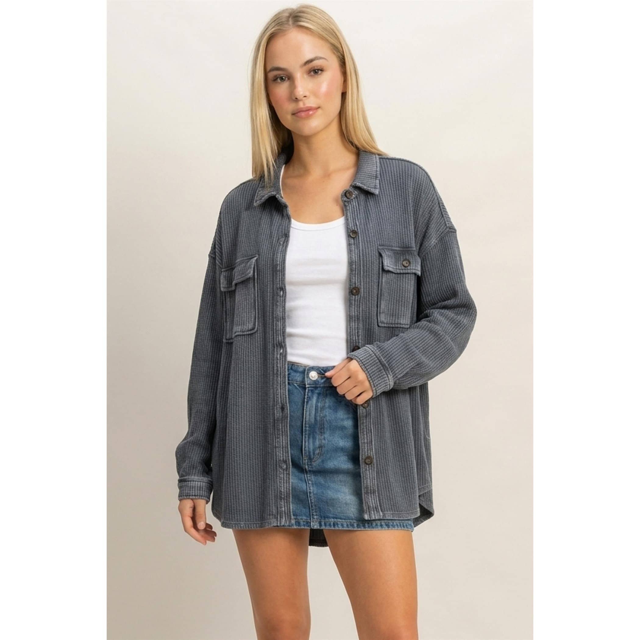 Mineral Wash Waffle Knit Button-Up Shacket