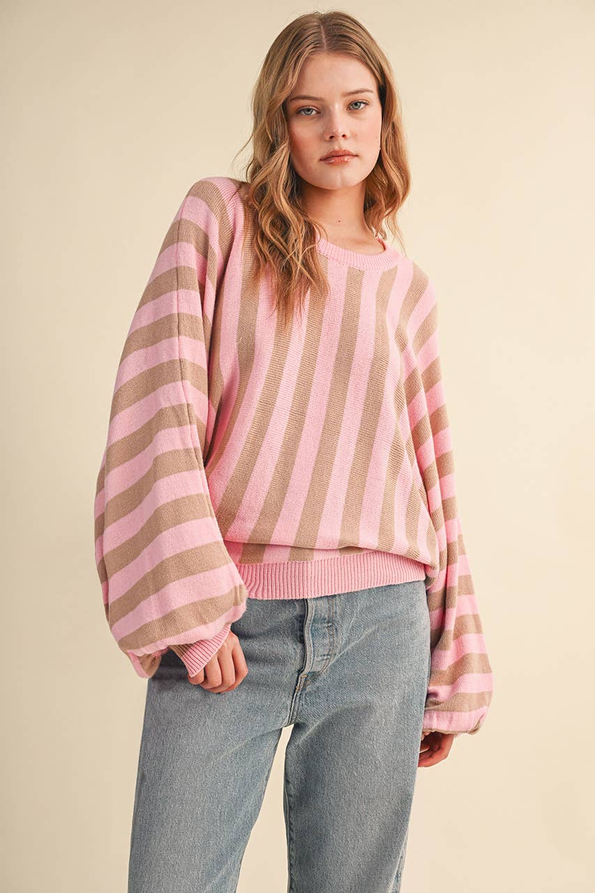 STRIPED DRAWSTRING SLEEVES SWEATER