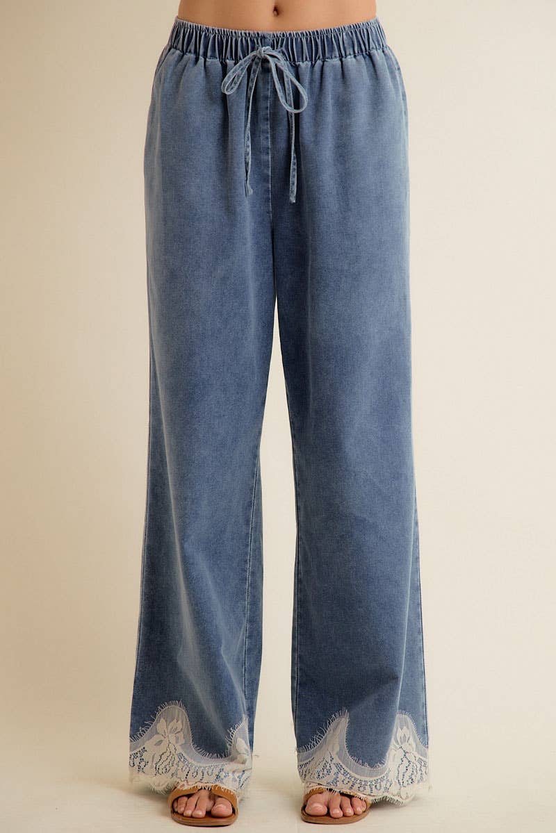 LACE TRIM WIDE LEG ELASTIC MID RISE DENIM PANTS