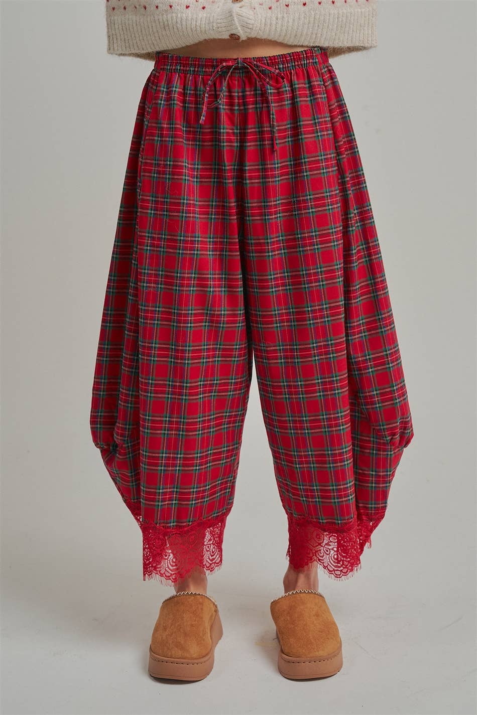 CHRISTMAS PLAID LEG PANTS WITH DELICATE LACE