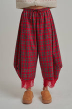 CHRISTMAS PLAID LEG PANTS WITH DELICATE LACE