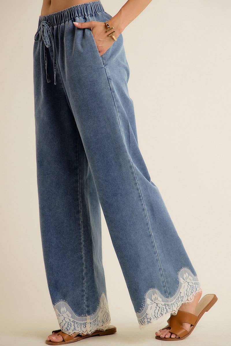 LACE TRIM WIDE LEG ELASTIC MID RISE DENIM PANTS