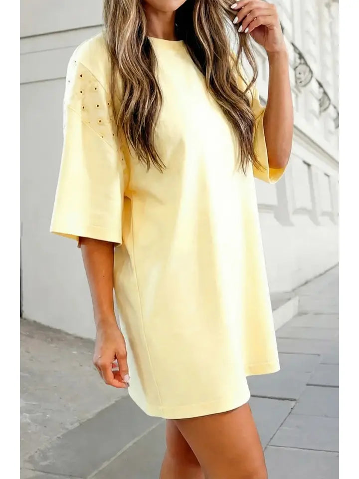 Yellow Embroidered Lace Mini Shirt Dress