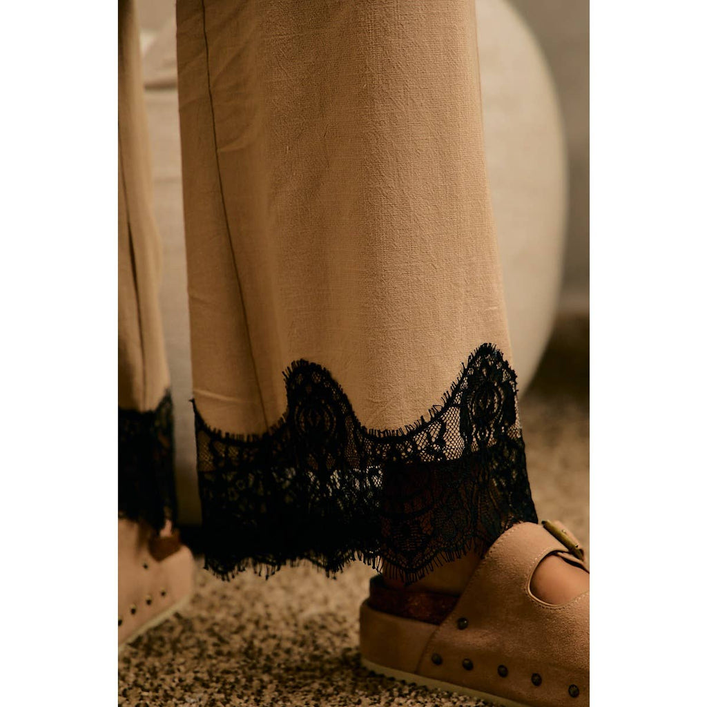 LINEN BLEND LACE TRIM BANDING WAIST PANTS