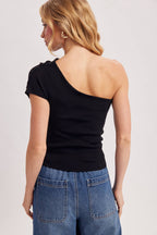 DRAPED KNIT ASYMMETRIC ONE SHOULDER KNIT TOP