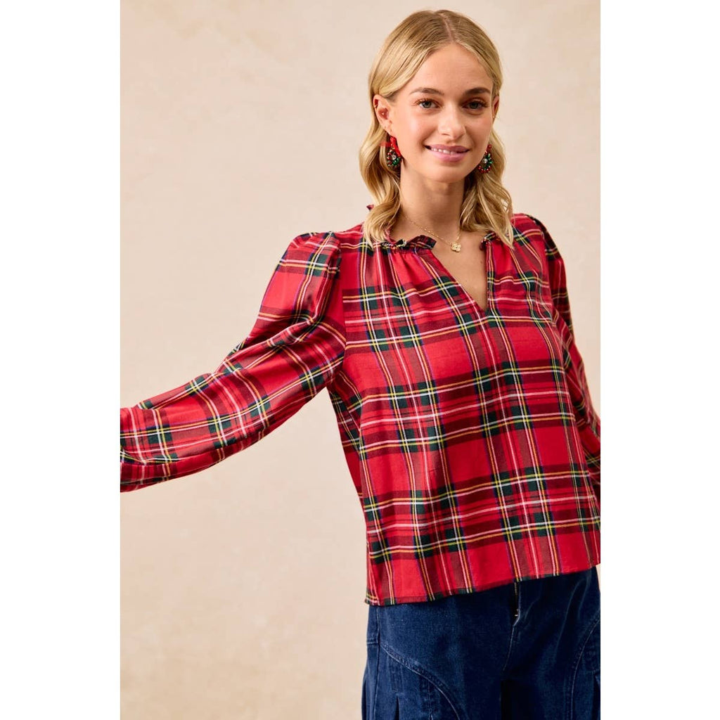 CHRISTMAS PLAID BALLOON SLEEVES RUFFLED V-NECK TOP