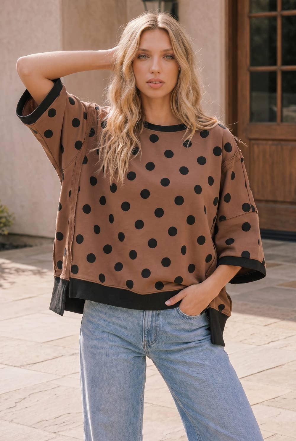 Mocha Polka Dot Oversized Contrast Top