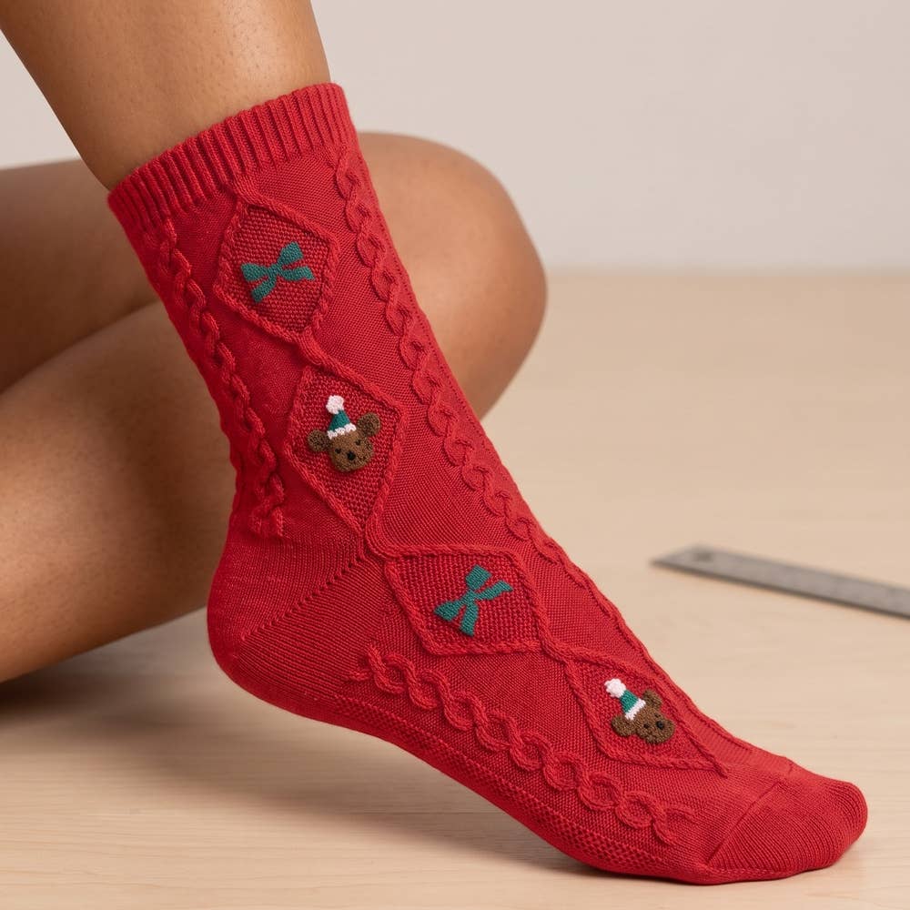 Cable Knit Teddy Bear Holiday Socks