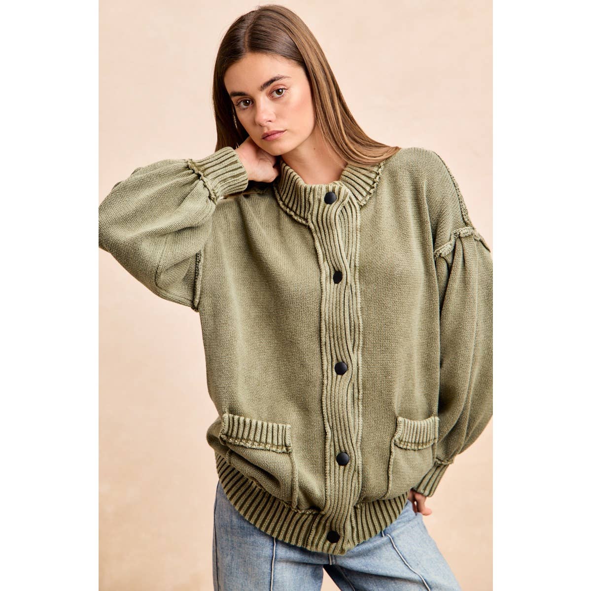 WASHED RIB BANDED COTTON SWEATER KNT CARDIGAN TOP