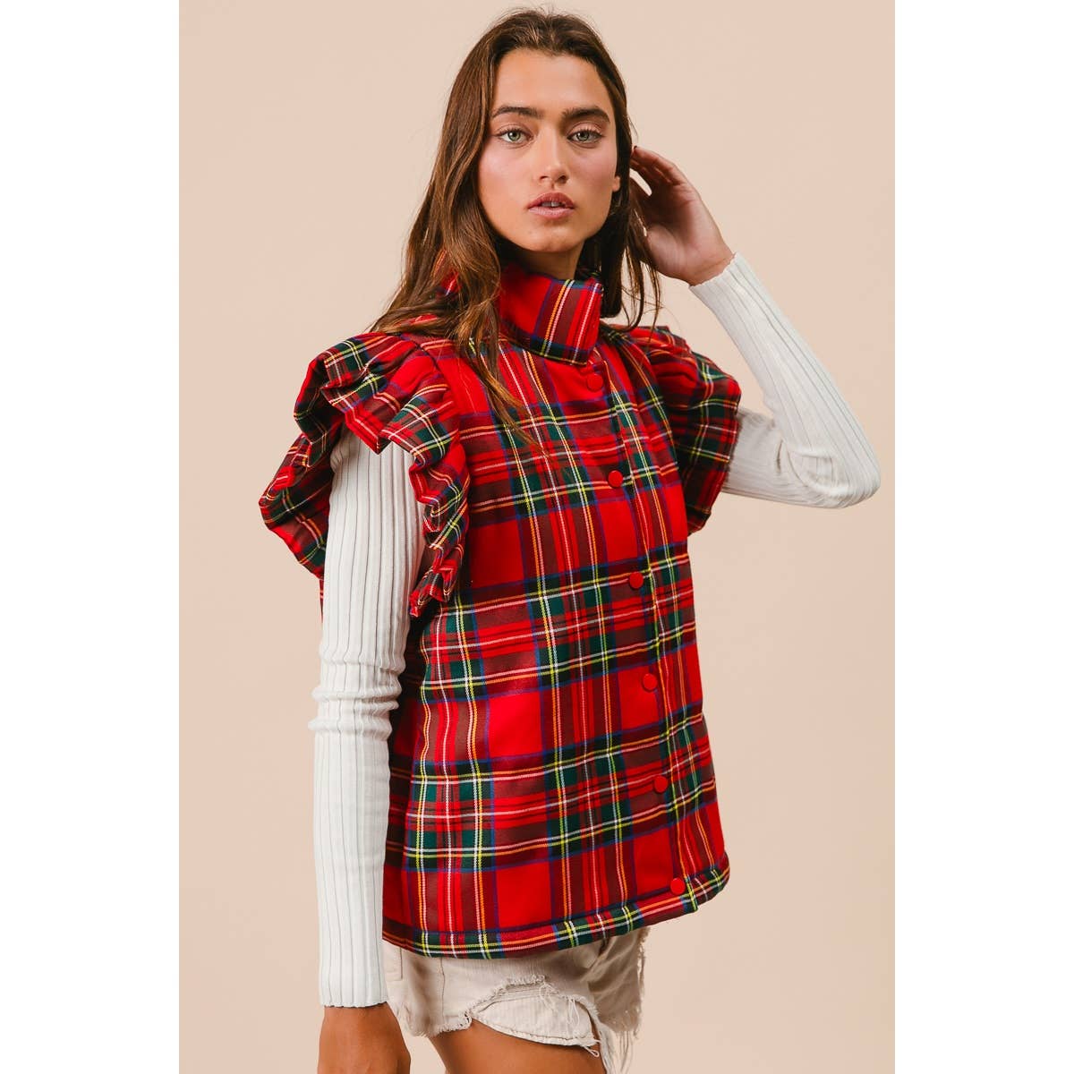 CHRISTMAS PLAID RUFFLED PUFFER VEST