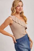RUFFLED ONE SHOULDER RIBBED KNIT TOP