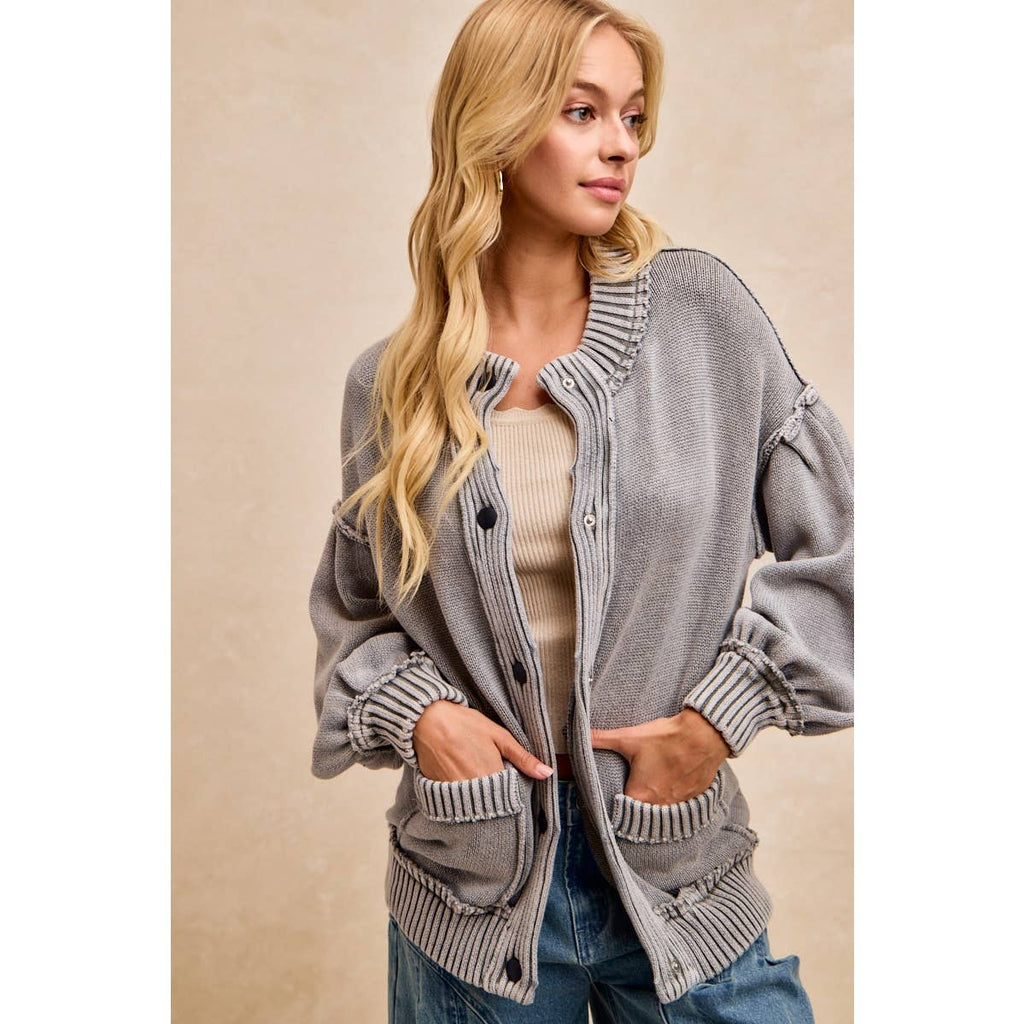 WASHED RIB BANDED COTTON SWEATER KNT CARDIGAN TOP