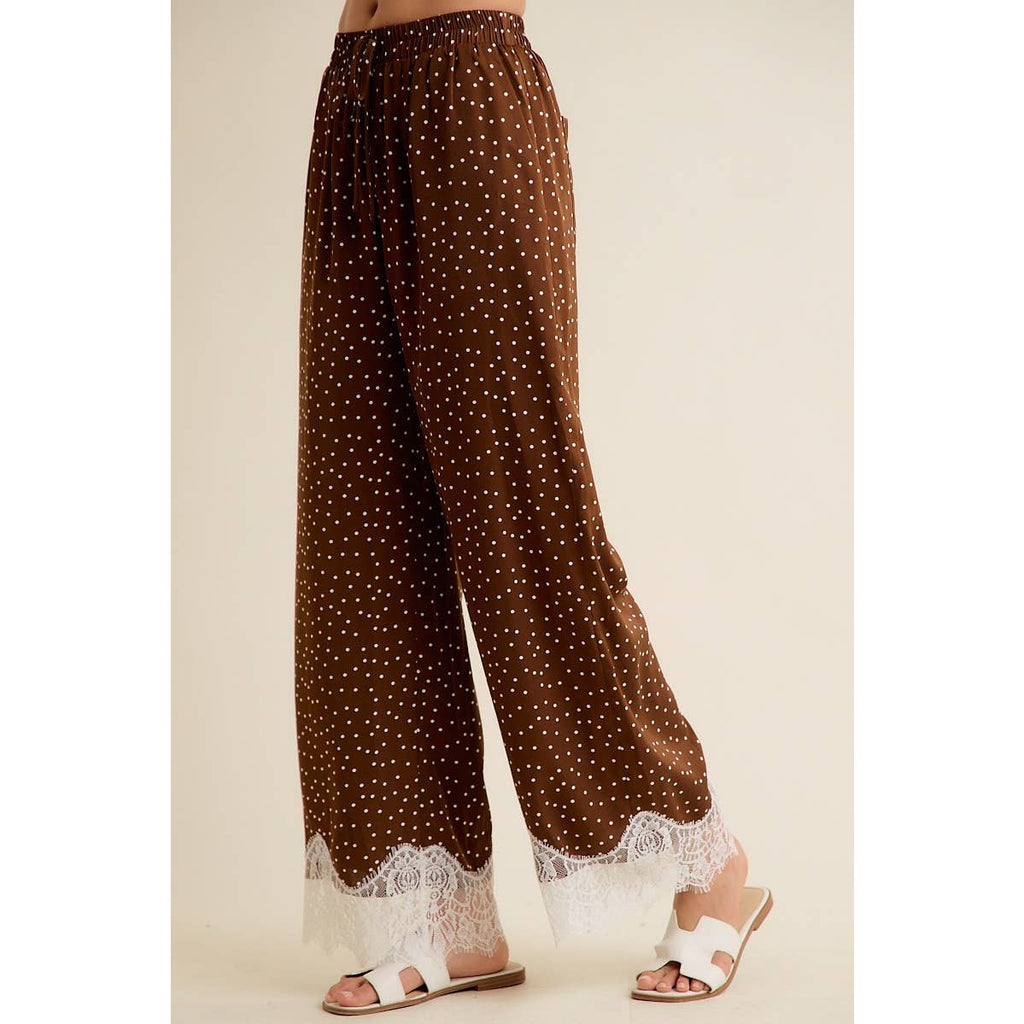SATIN POLKA DOT WIDE LEG PANTS WITH LACE