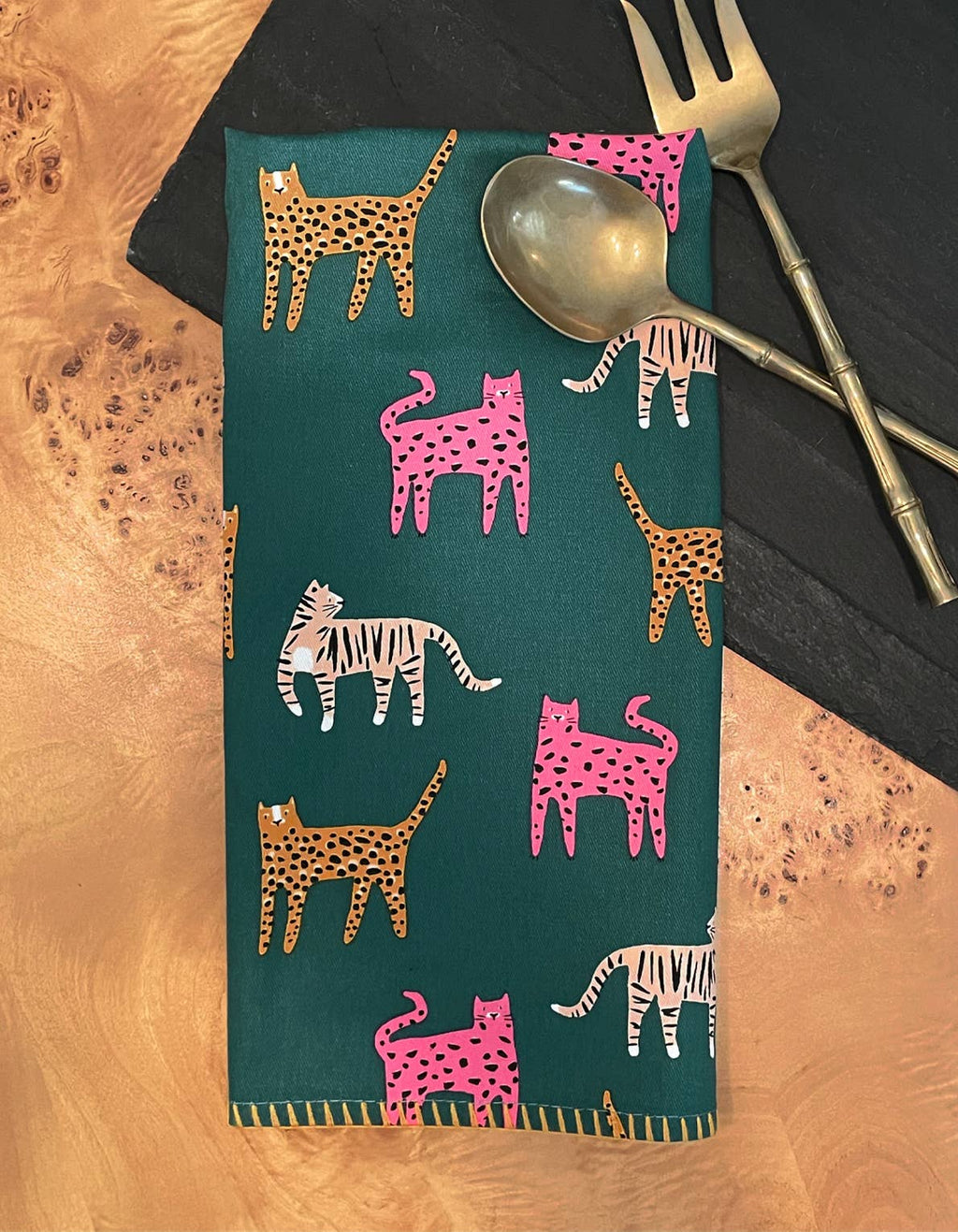 Cotton Tea Towel with Embroidered Detail | Colorful Wild Cat