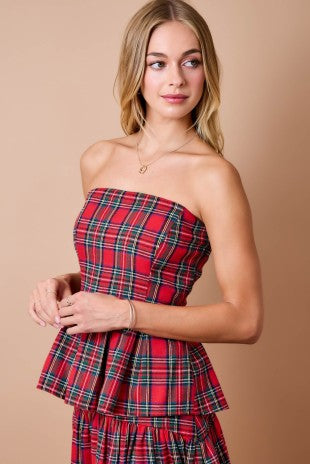 Holiday Christmas Strapless Plaid Pleated Peplum Top