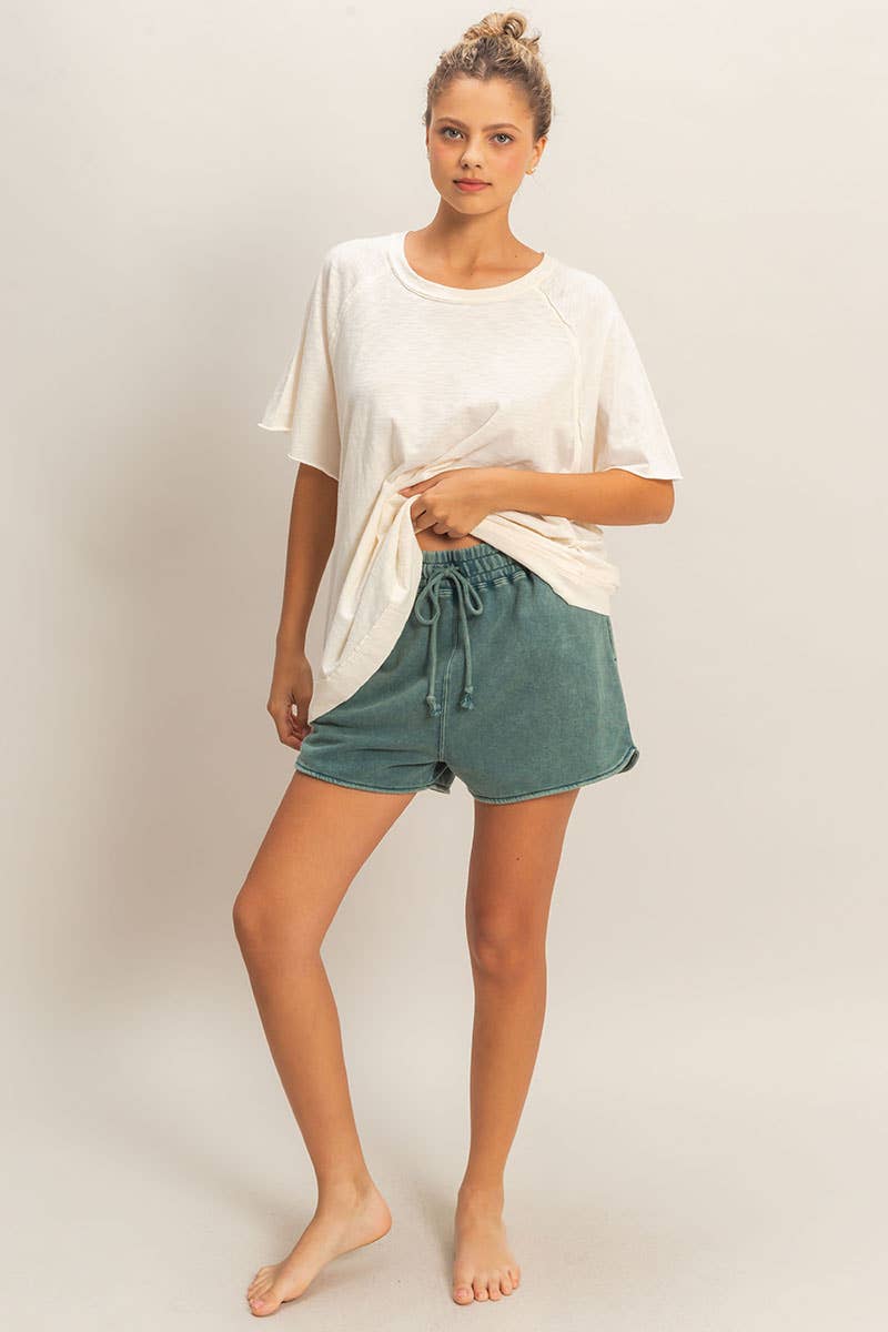 Acid Washed Elastic Waist Shorts
